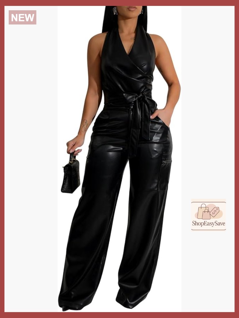 Pu Leather Stretchy 2 Piece Outfit Halter Top And Straight Leg Pants Set With